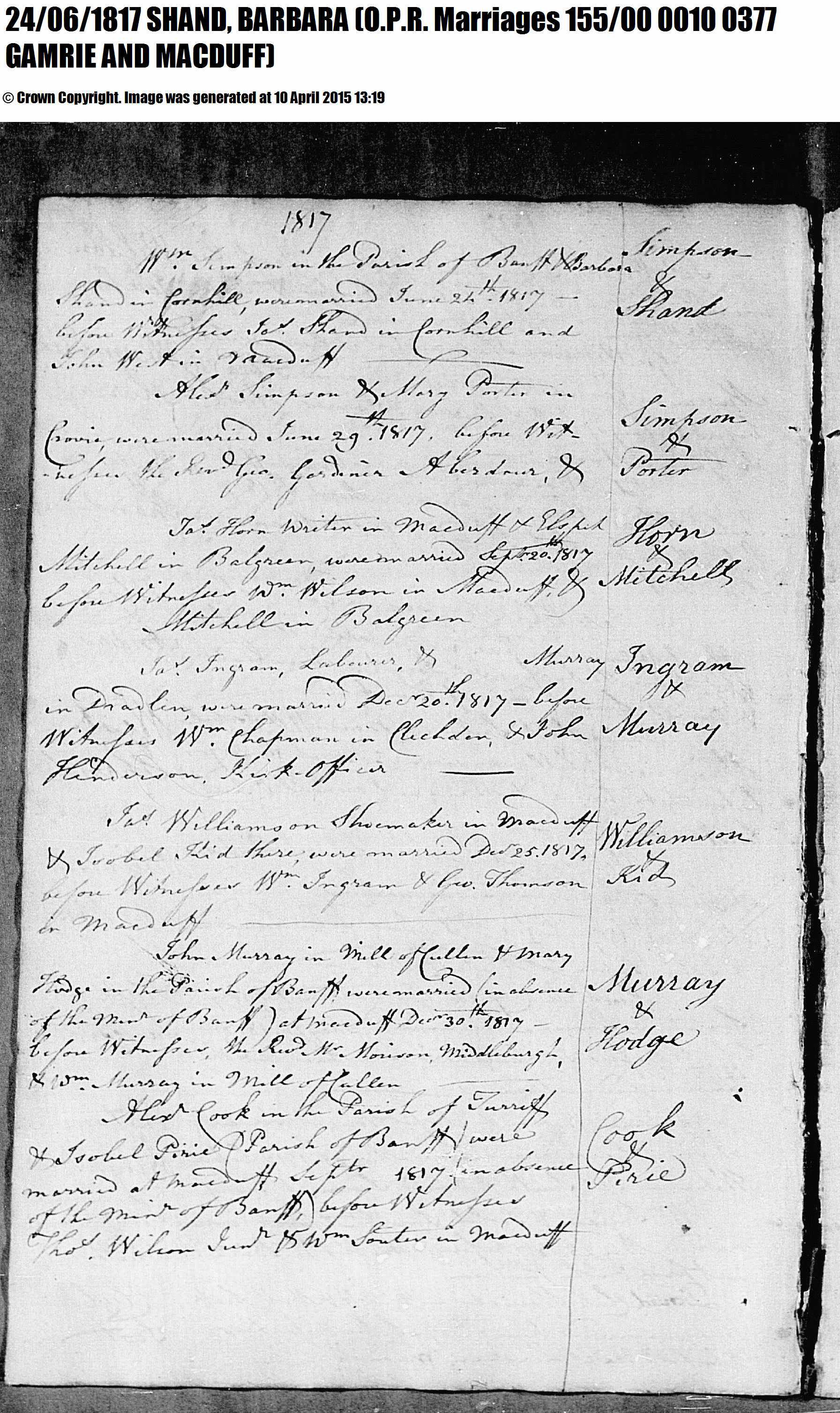 Barbara Shand Wm Simpson marriage 1817